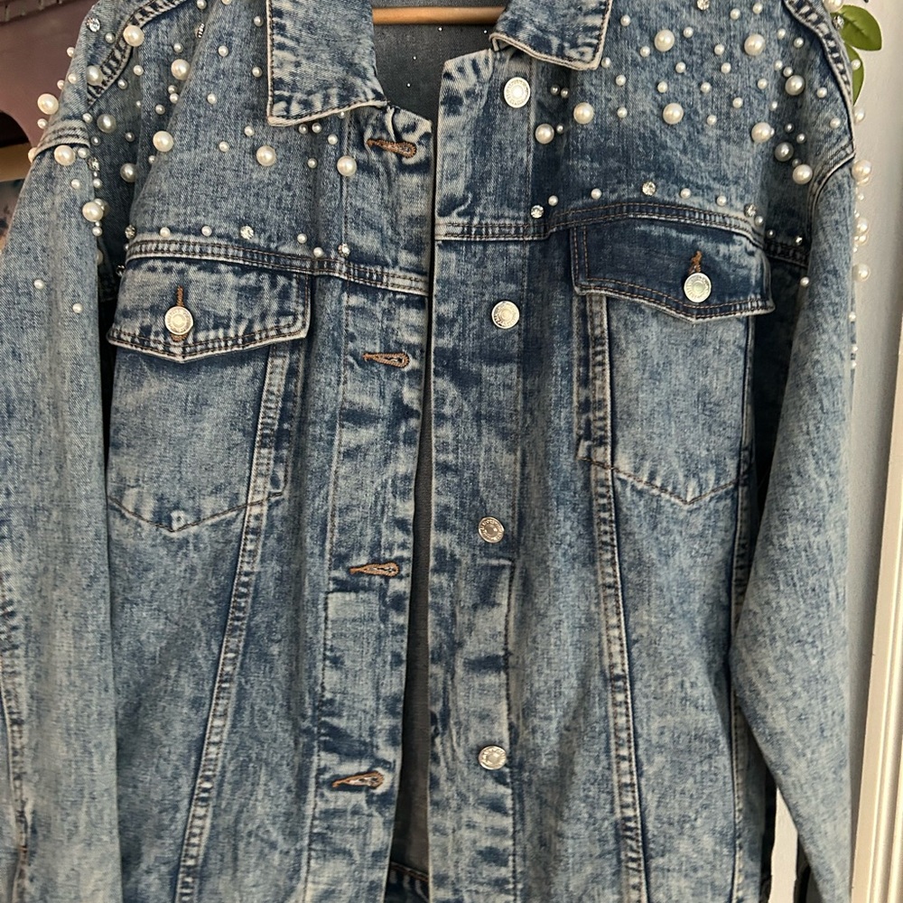 Forever 21 Blue Jean Jacket with Pearl Accents